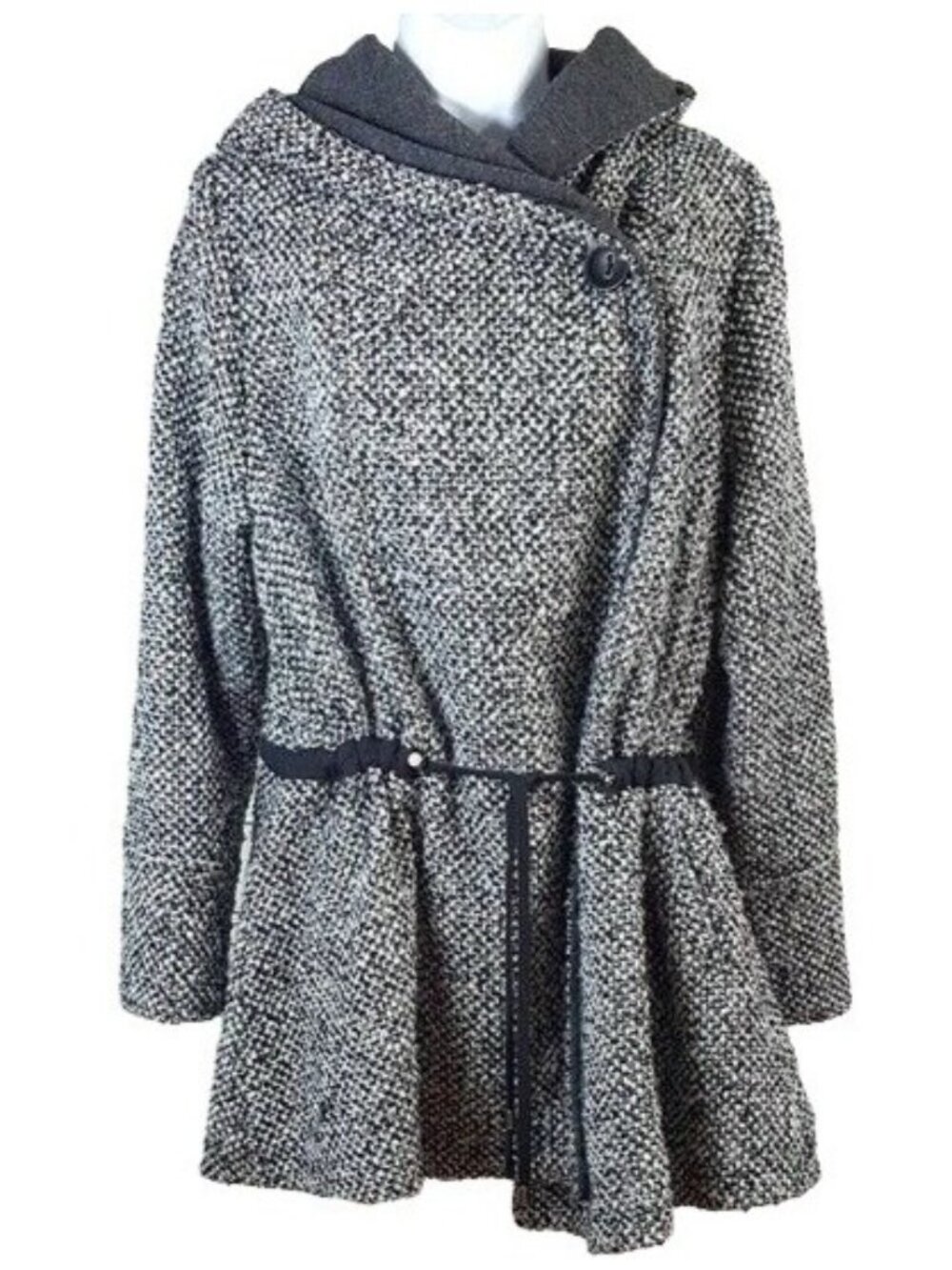 Free People Satellite Image Hood Coat Gray XS Drawstring Button Swing Wool Tweed